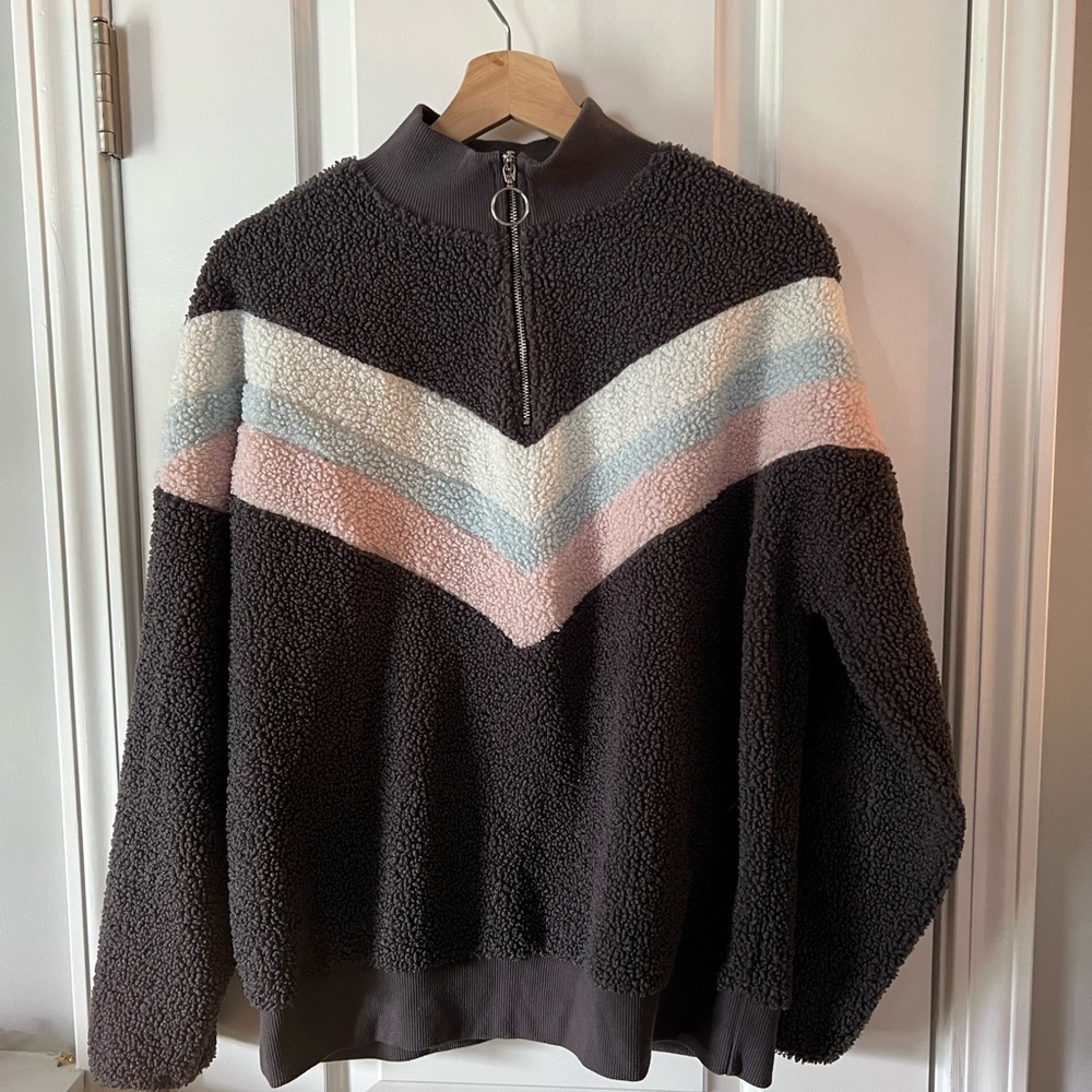 SO Womens Small Gray Pink Blue Quarter Zip Sherpa‎ Fall Winter Outdoor Pullover